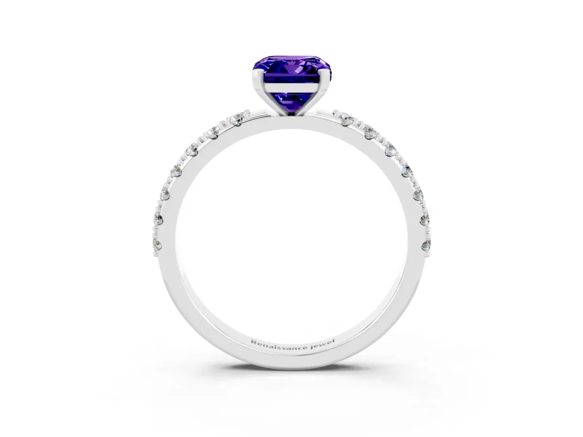 Emerald Cut Tanzanite Solitaire Pavé Band with Four-Prong Setting Platinum