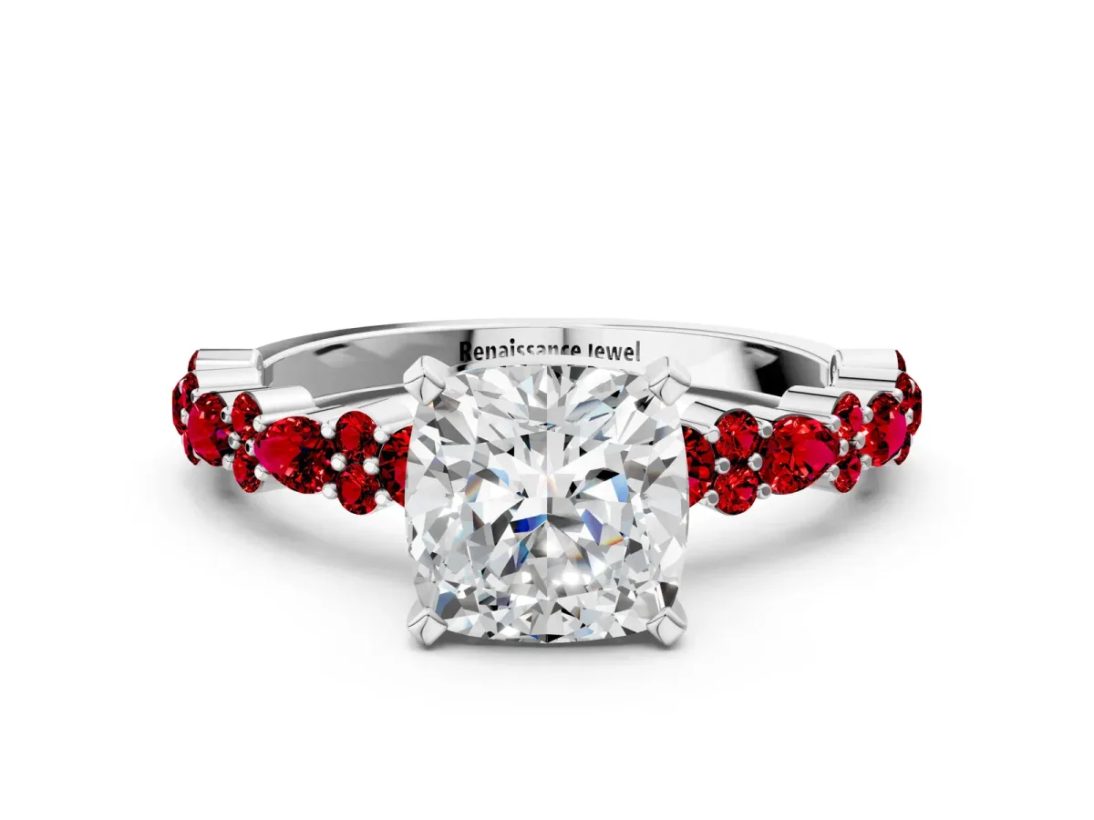 Cushion Cut Diamond Side Stone Solitaire Ring with Round Ruby and Four-Prong Setting White gold