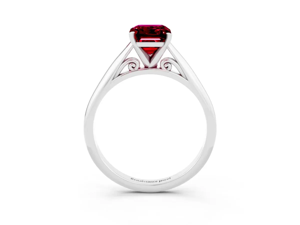 Emerald Cut Garnet Solitaire Engagement Ring with Cathedral Setting and Four-Prong Mount White gold