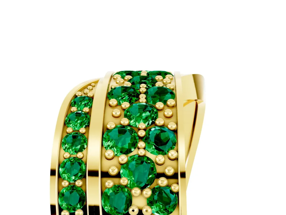 Pavé Round Emerald Crossover Band with Bead Prong Setting Yellow gold