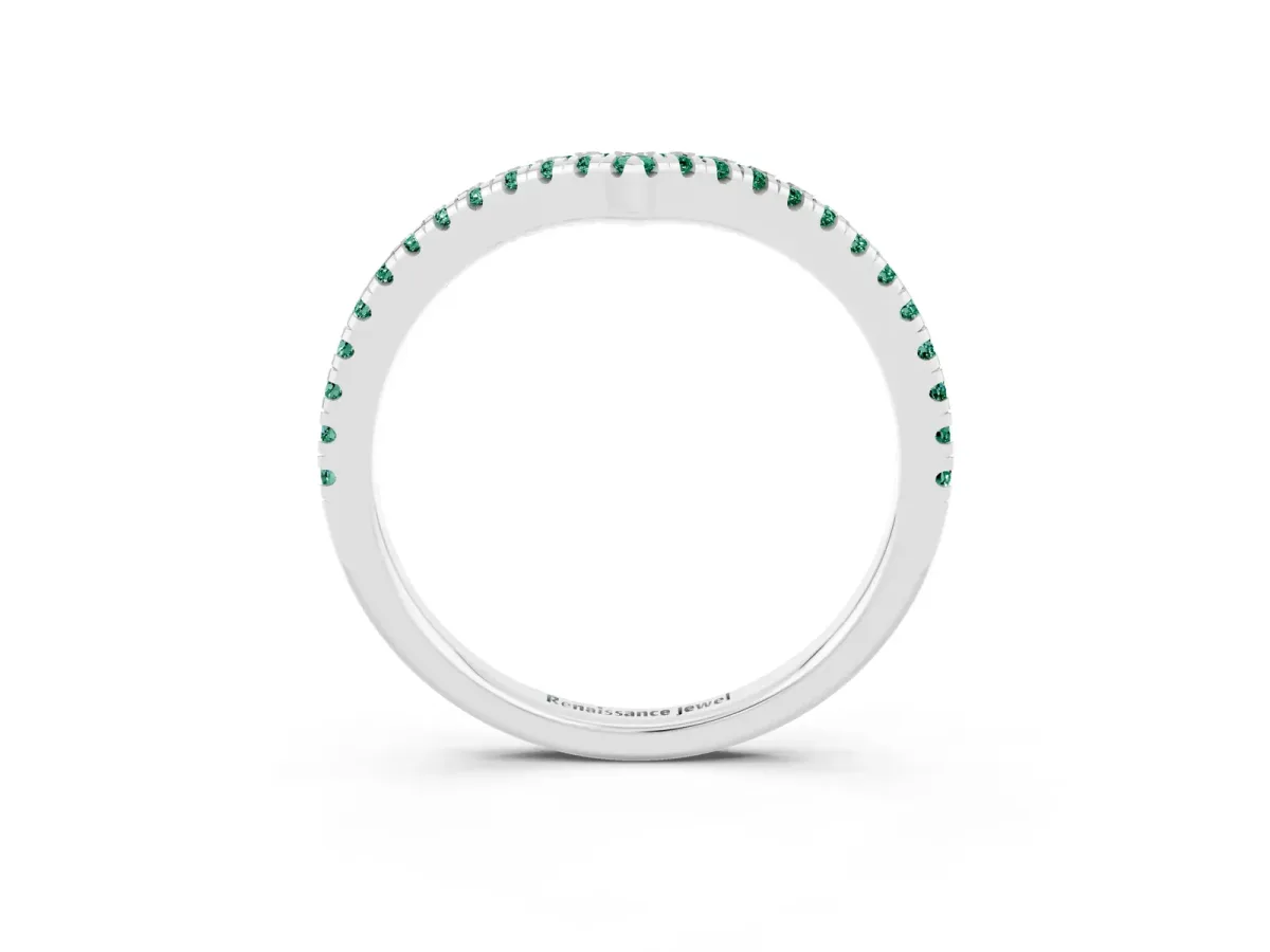 Pavé Round Green Sapphire V-Shaped Chevron Band with Shared Prong Setting Silver