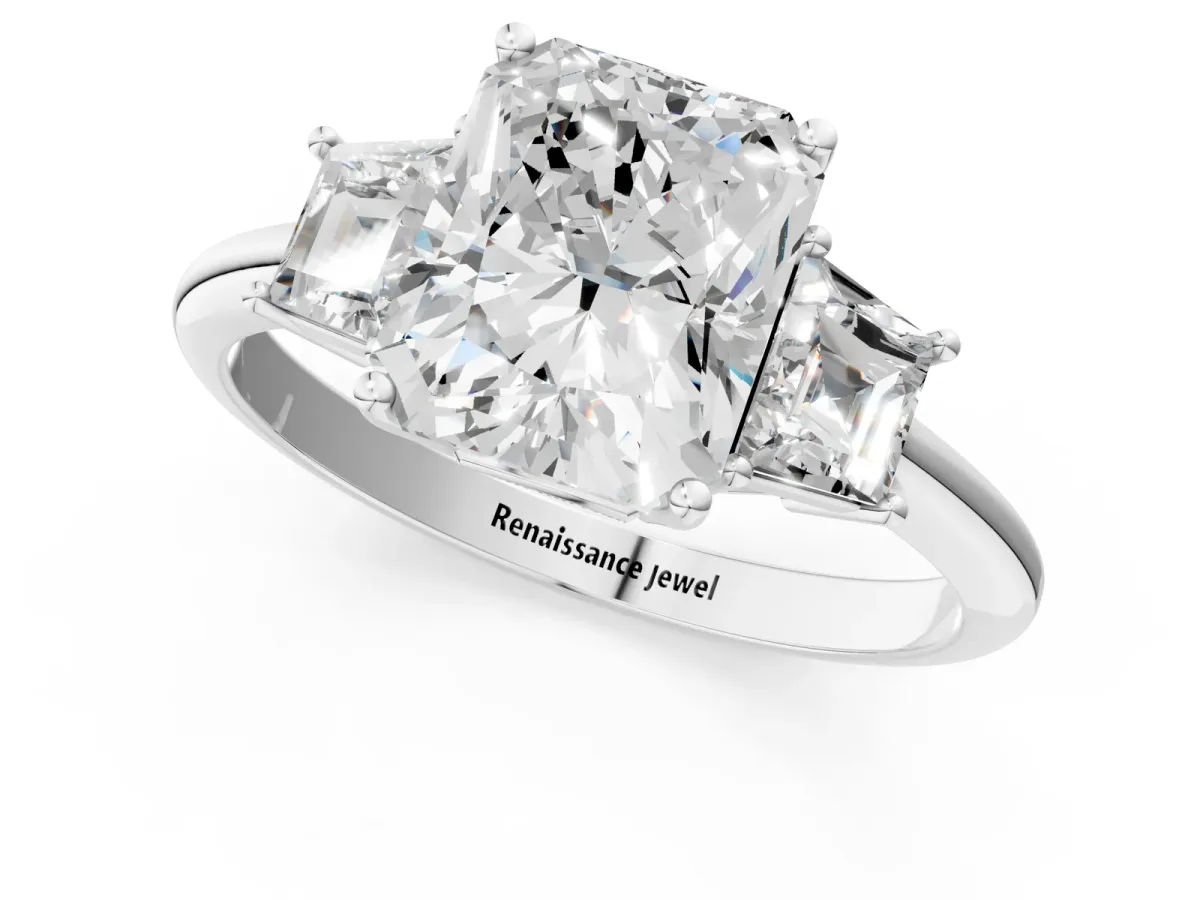 Radiant Cut Diamond Three-Stone Ring with Trapezoid Side Stones and Prong Setting Silver