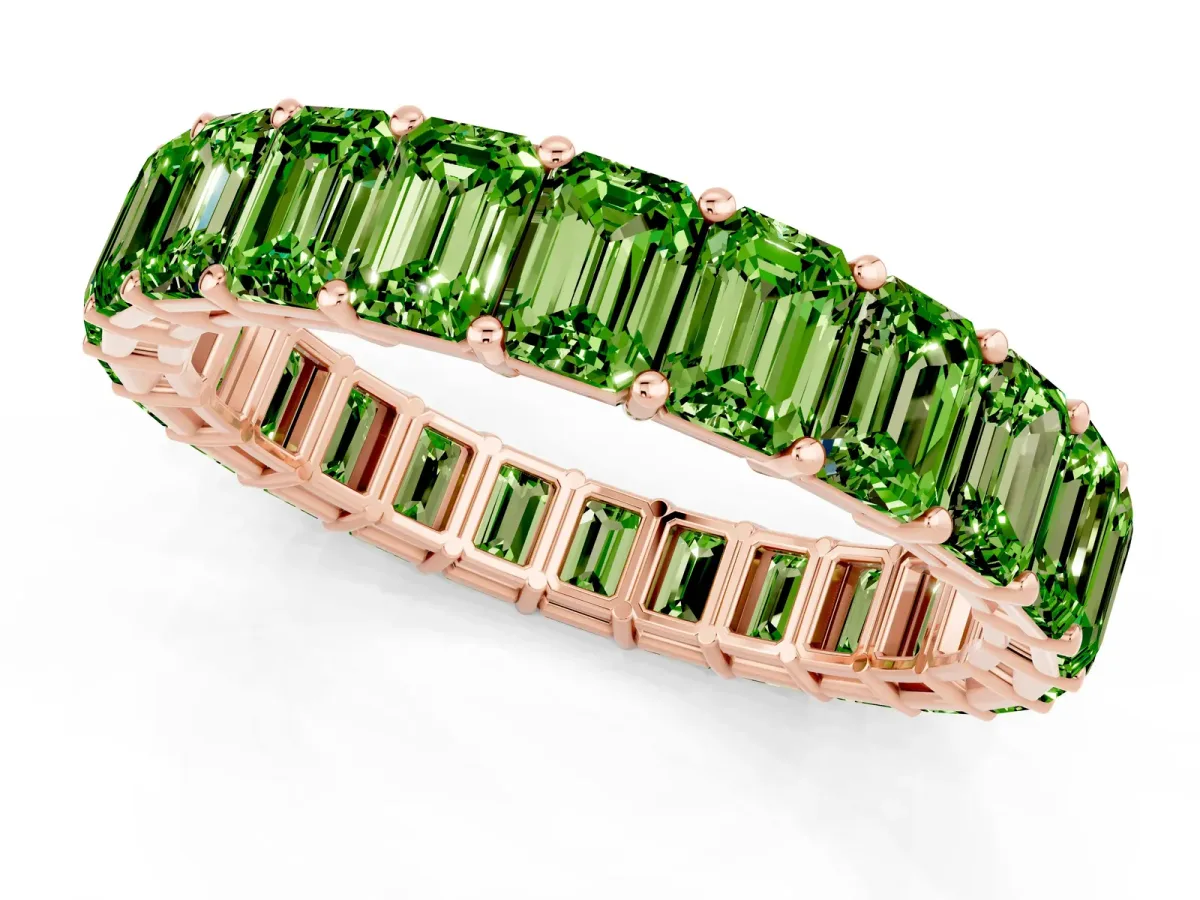 Emerald Cut Peridot Eternity Band with Shared Prong Setting Rose gold