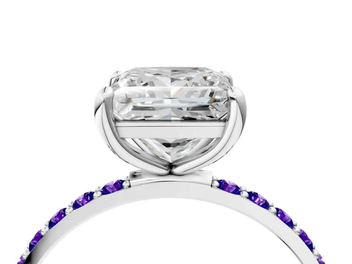 Princess Cut Diamond Solitaire Ring with Round Tanzanite Pavé Band and Prong Setting Silver