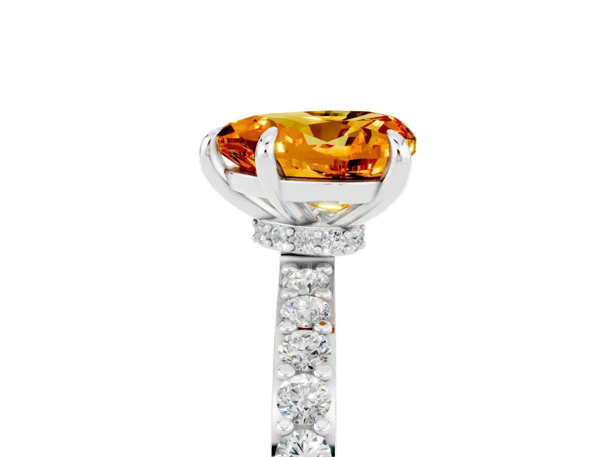 Heart Cut Citrine Solitaire Engagement Ring with Pavé Band and Four-Prong Setting Silver