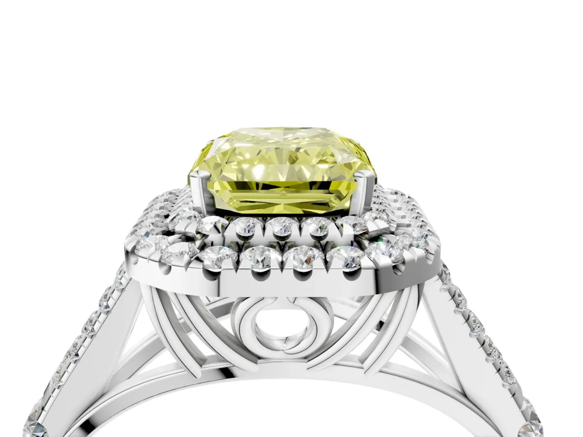 Fancy Yellow Radiant Cut Diamond Pavé Split Shank Double Halo Engagement Ring Platinum