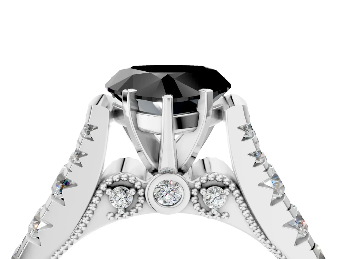 Fancy Black Heart Cut Diamond Classic Solitaire Ring with Pavé Band and Four-Prong Setting Silver