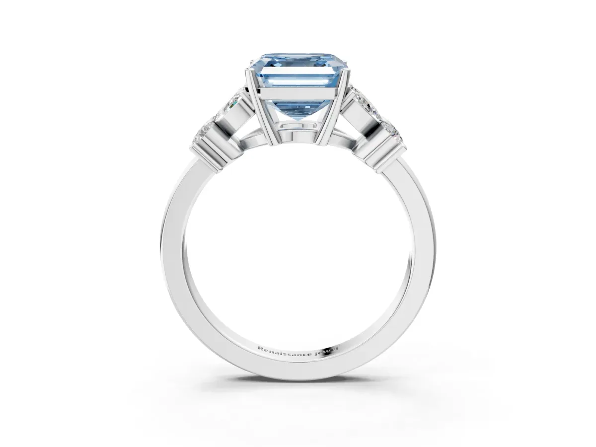 Fancy Blue Asscher Cut Diamond Floral Cluster Ring with Solitaire Band and Prong Setting Platinum