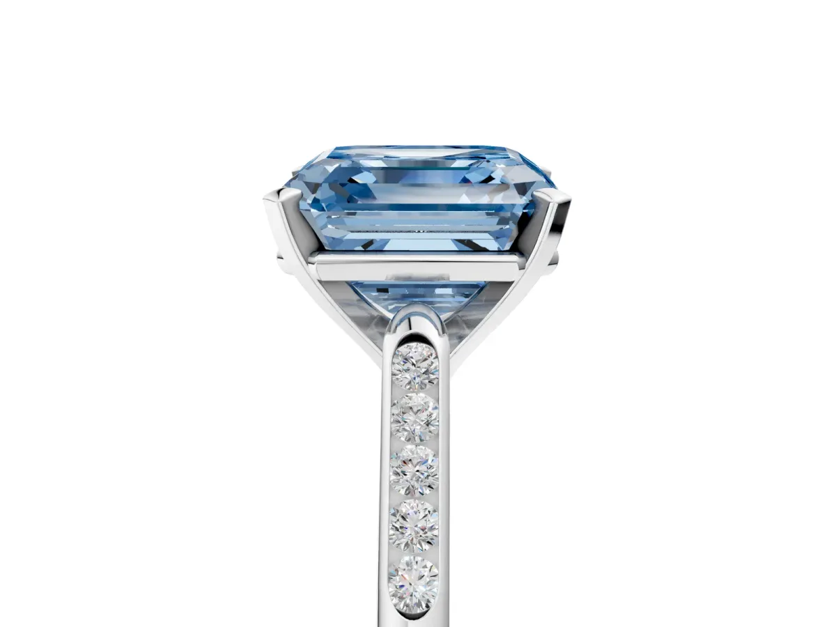 Fancy Blue Asscher Cut Diamond Solitaire Ring with Channel Set Round Band and Prong Setting Silver
