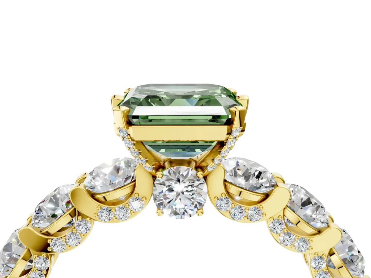 Fancy Green Asscher Cut Diamond Side Stone Engagement Ring with Four-Prong Setting Yellow gold