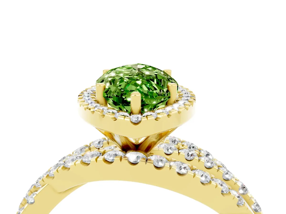 Marquise Cut Peridot Halo Ring with Round Split Shank and Prong Setting Yellow gold