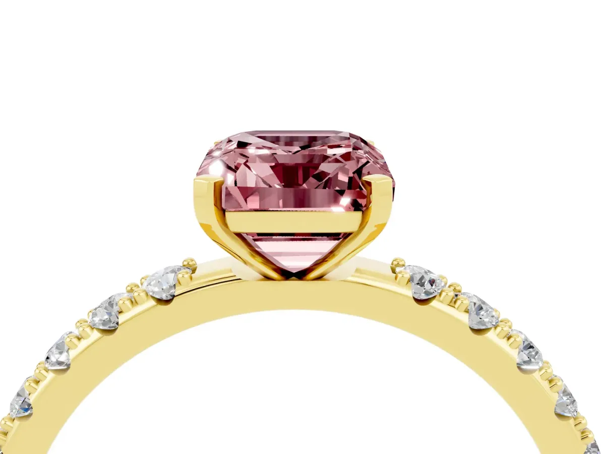Emerald Cut Morganite Solitaire Pavé Band with Four-Prong Setting Yellow gold
