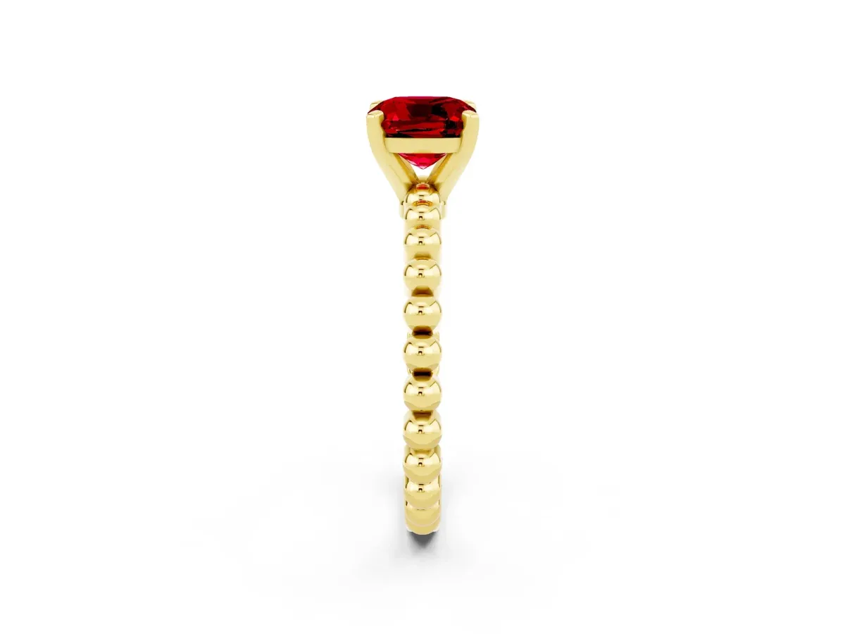 Cushion Cut Ruby Solitaire Ring with Beaded Band and Prong Setting Yellow gold