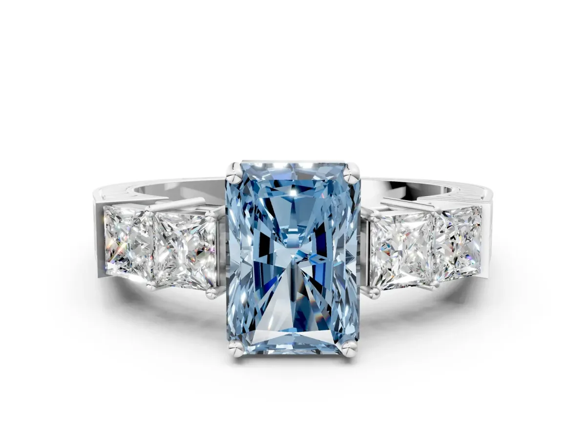 Fancy Blue Radiant Cut Solitaire Princess Side Stone Engraved Band Prong Setting Ring Platinum