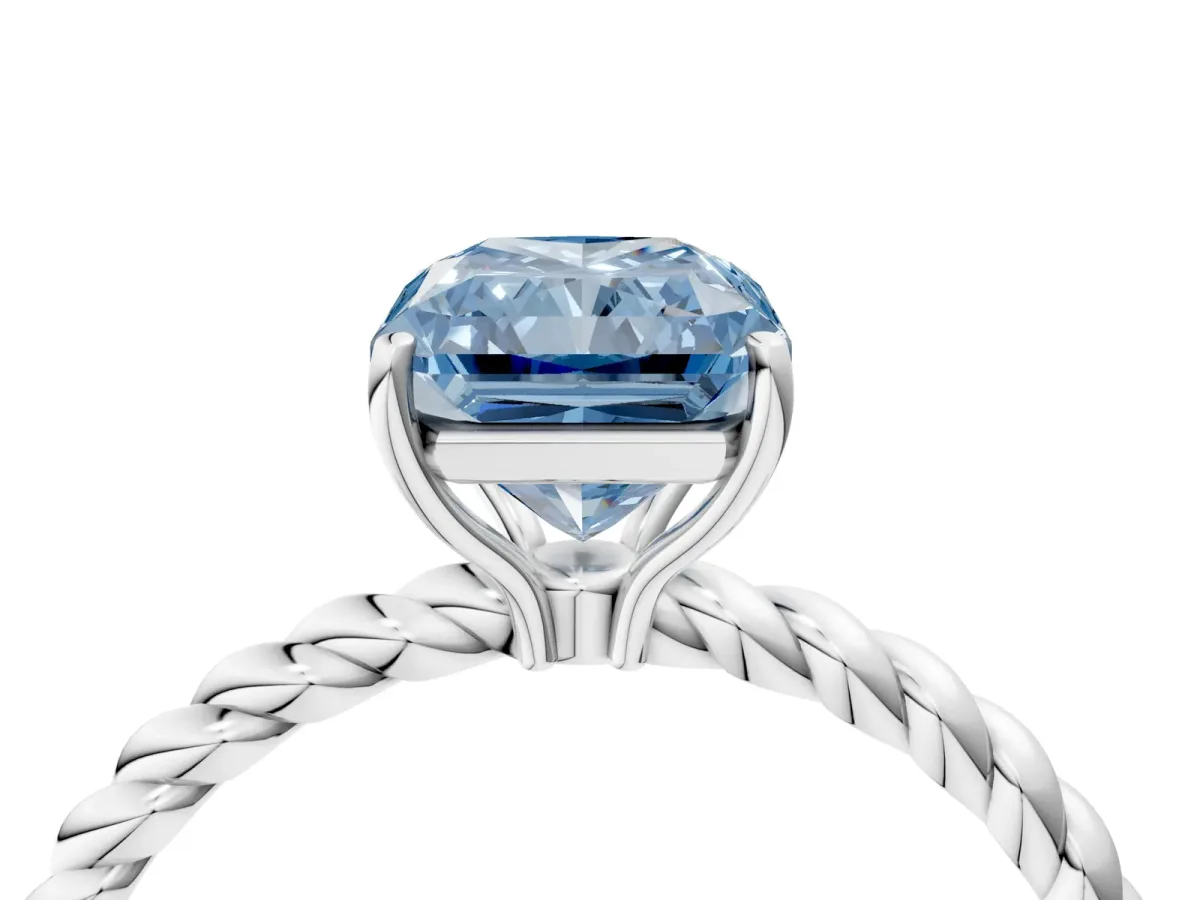 Fancy Blue Radiant Cut Solitaire Twisted Band 4-Prong Ring Platinum