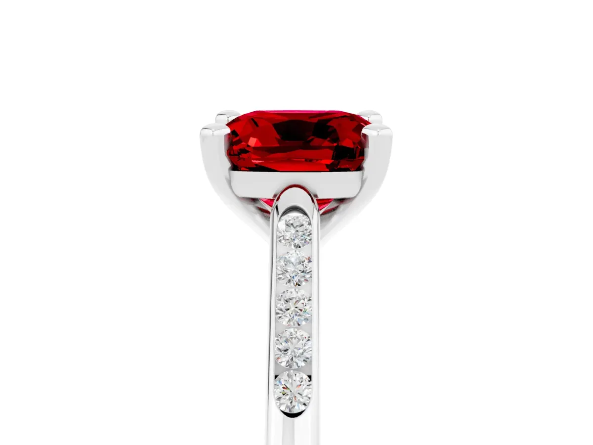 Cushion Cut Ruby Solitaire Ring with Channel Set Round Band and Prong Setting White gold