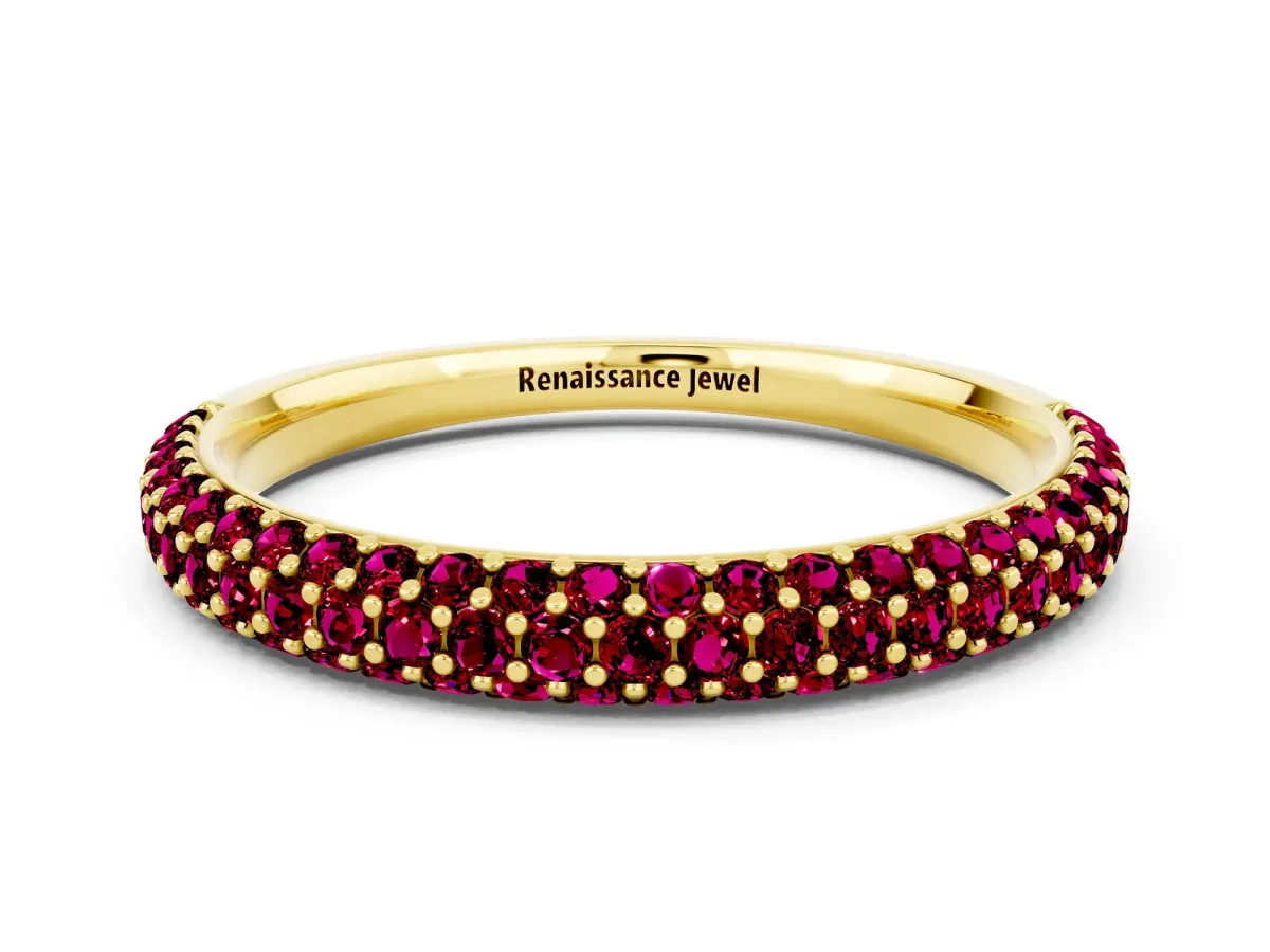 Round Garnet Pavé Eternity Band with Shared Prong Setting Yellow gold