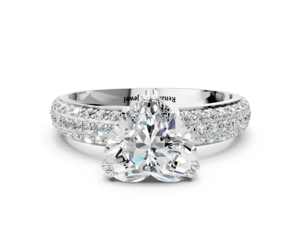 Heart Cut Diamond Solitaire Ring with Multi-Row Round Pavé Band and Prong Setting White gold