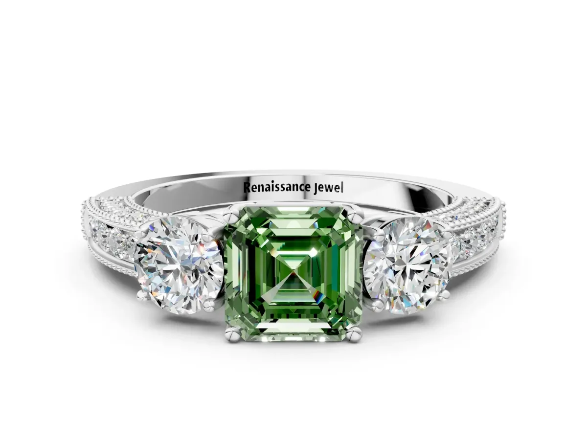 Fancy Green Asscher Cut Three-Stone Diamond Ring with Pavé Band and Four-Prong Setting Platinum