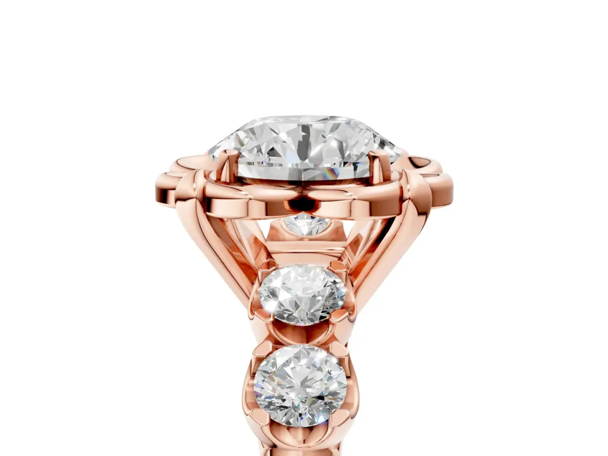 Round Cut Cut Diamond Floral Halo Engagement Ring with Shared Prong Setting Rose gold