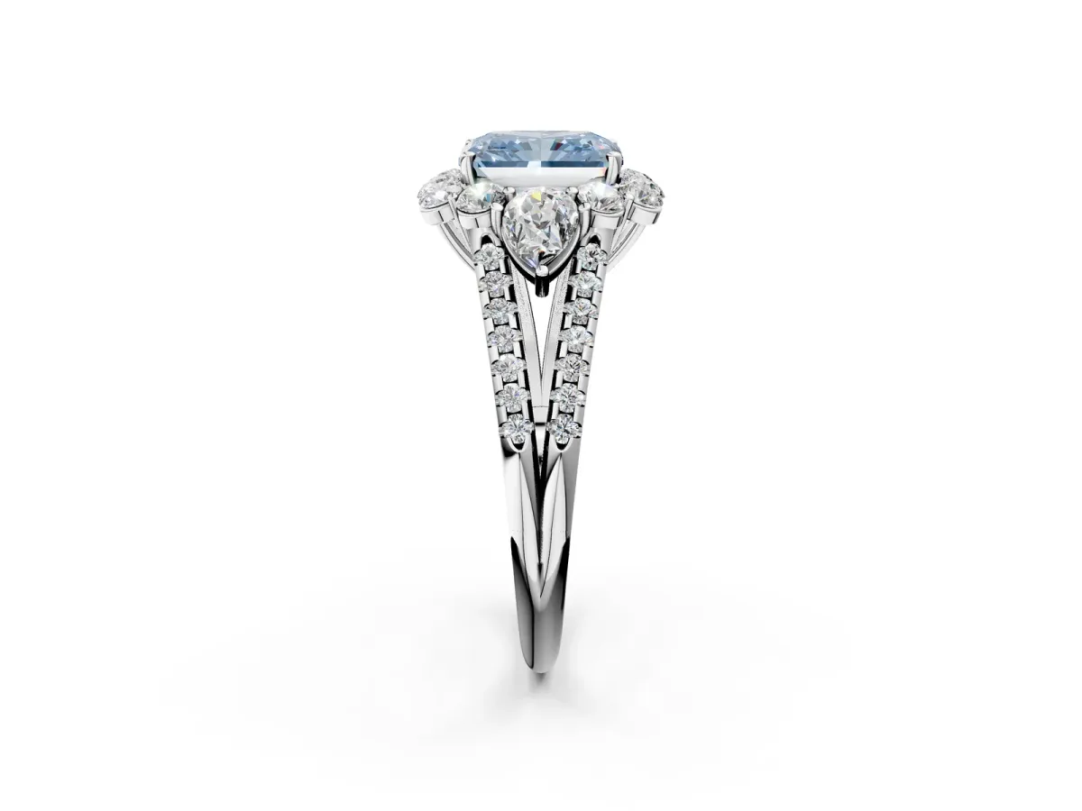 Fancy Blue Radiant Cut Halo Split Shank Diamond Engagement Ring with Prong Setting Platinum
