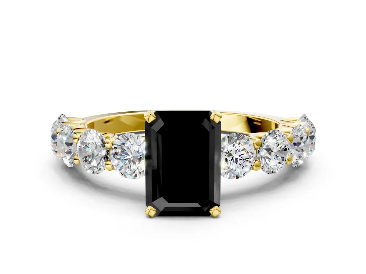Fancy Black Emerald Cut Diamond Prong Setting with Side Stones on a Pave Band Yellow gold