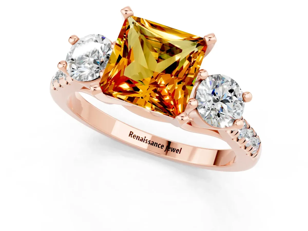 Three-Stone Princess Cut Citrine Pavé Band with Four-Prong Setting Rose gold