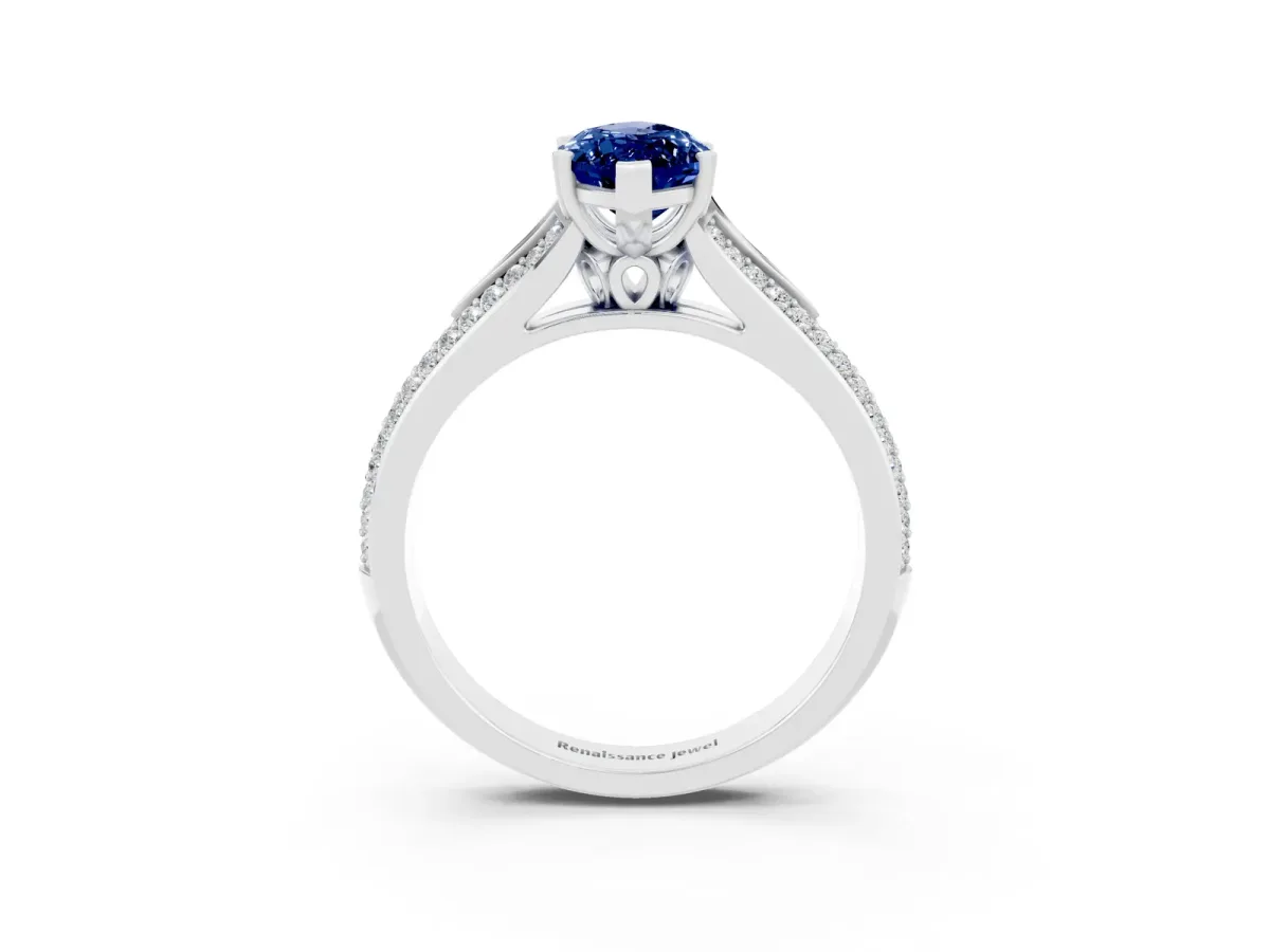 Marquise Cut Blue Sapphire Split Shank Engagement Ring with Pavé Band White gold