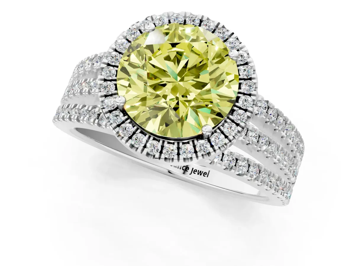 Fancy Yellow Round Cut Diamond Halo Engagement Ring with Split Shank and Four-Prong Setting Platinum