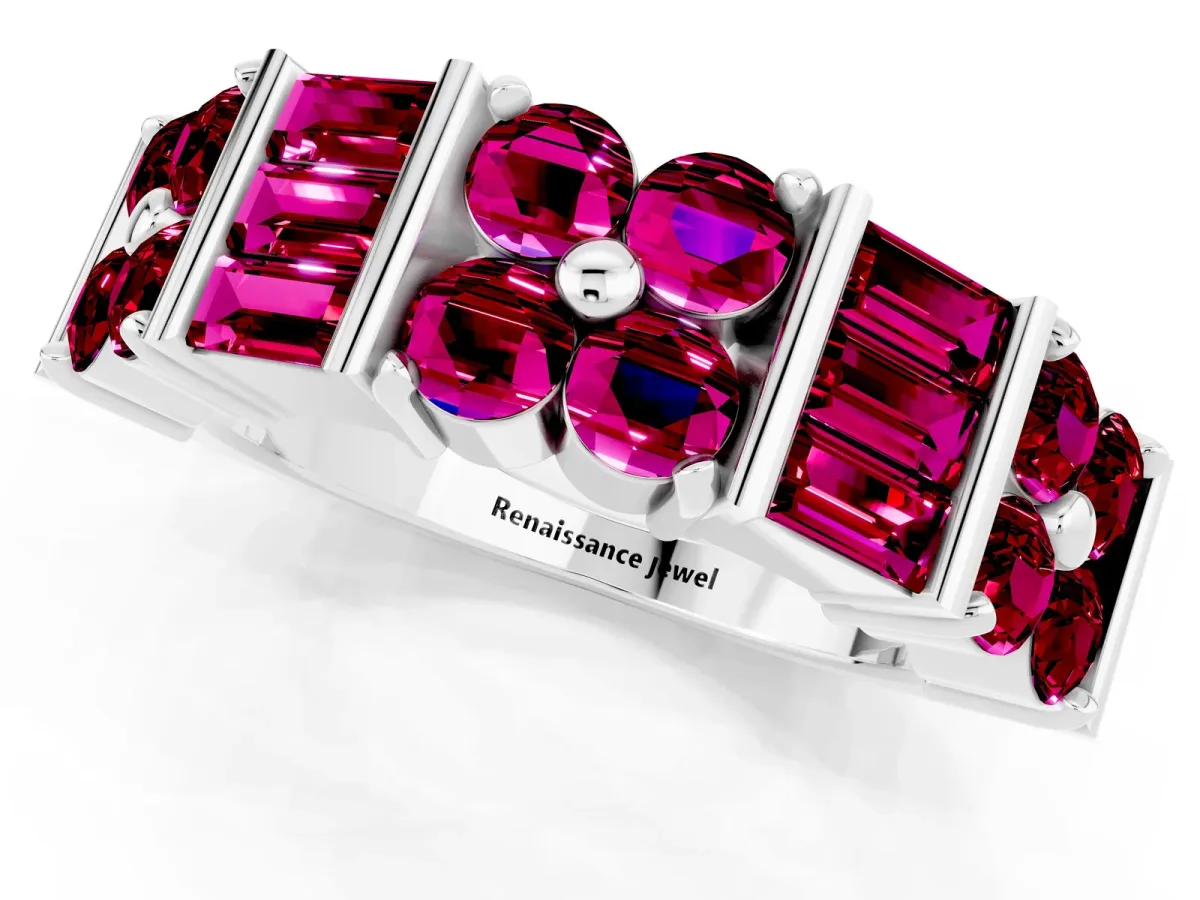 Channel Set Round and Baguette Garnet Anniversary Band with Prong Setting Silver