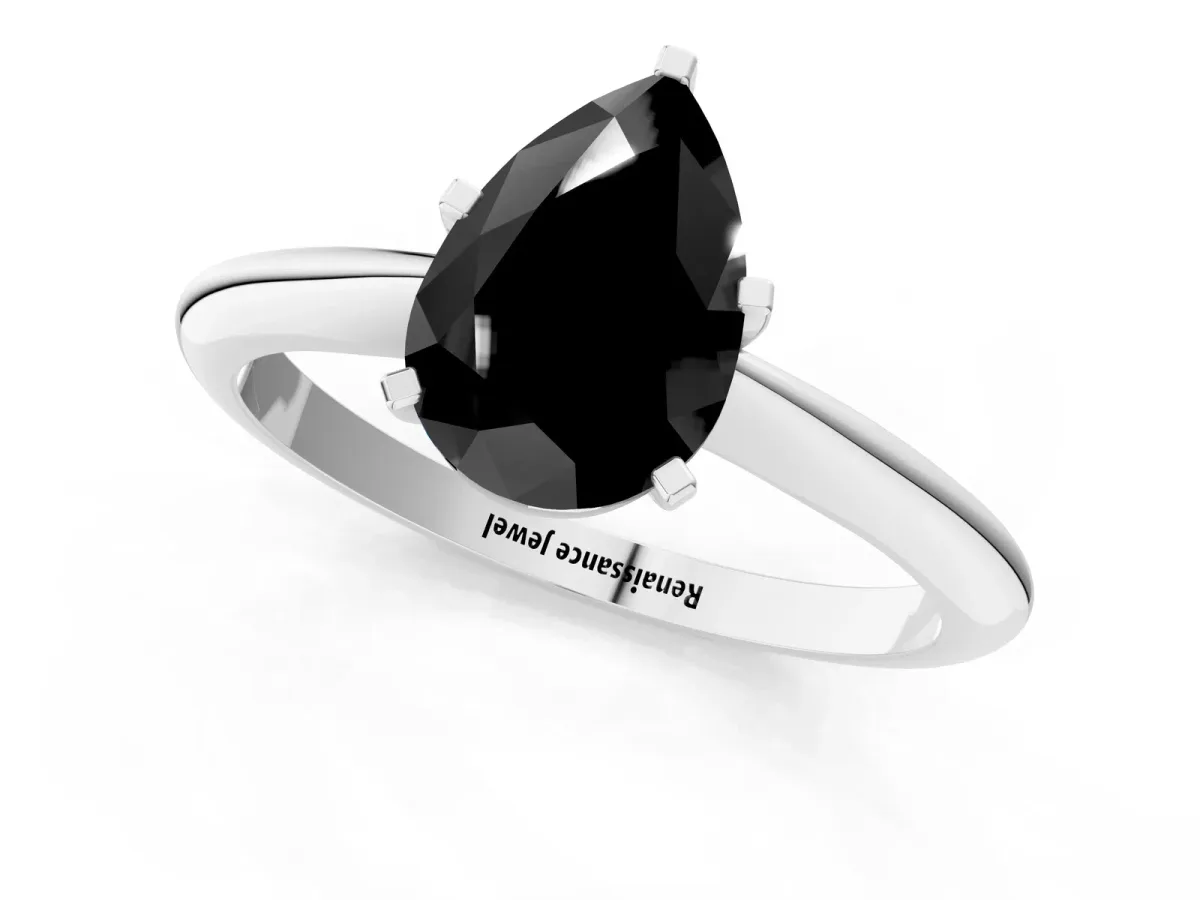 Fancy Black Pear Cut Diamond Solitaire Engagement Ring with Classic Band and Four-Prong Setting Silver