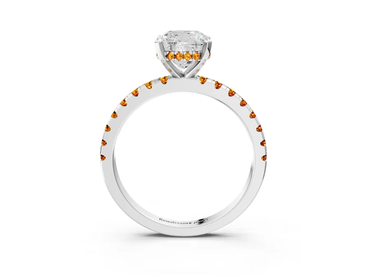Cushion Cut Diamond Solitaire Ring with Round Citrine Pavé Band and Four-Prong Setting Silver