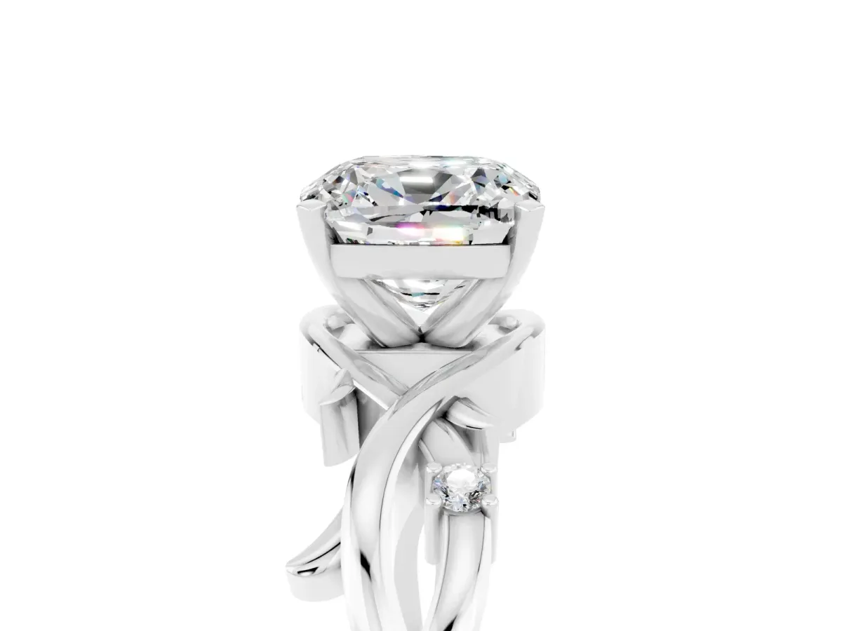 Cushion Cut Moissanite Solitaire Ring with Twisted Band and Prong Setting Platinum