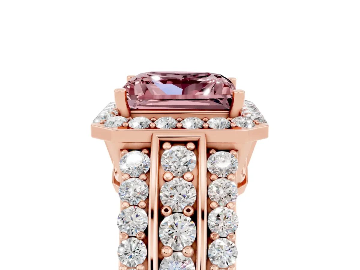 Princess Cut Halo Morganite Ring with Round Split Shank and Prong Setting Rose gold