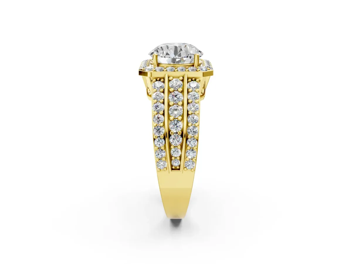 Round Cut Halo Diamond Ring with Round Split Shank and Prong Setting Yellow gold
