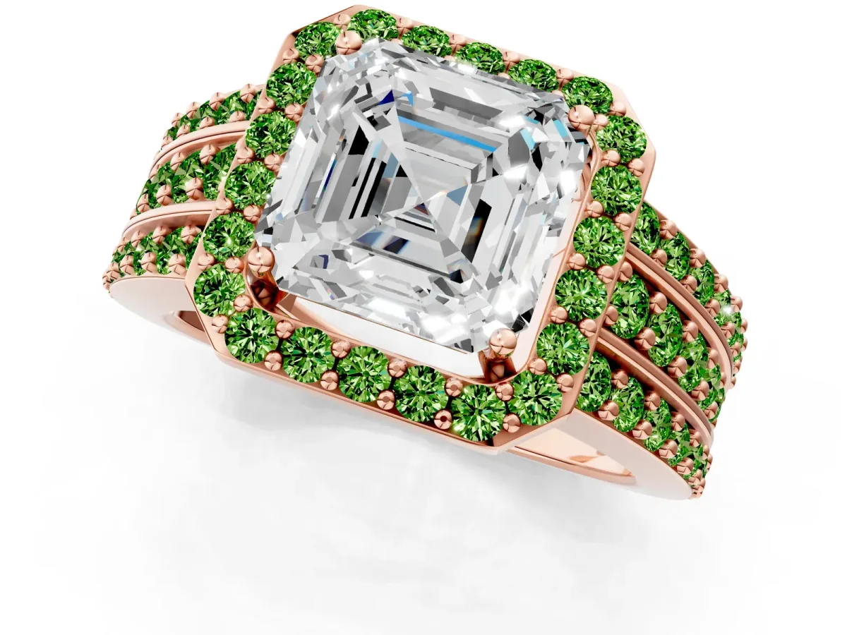 Asscher Cut Halo Diamond Ring with Round Peridot Split Shank and Prong Setting Rose gold