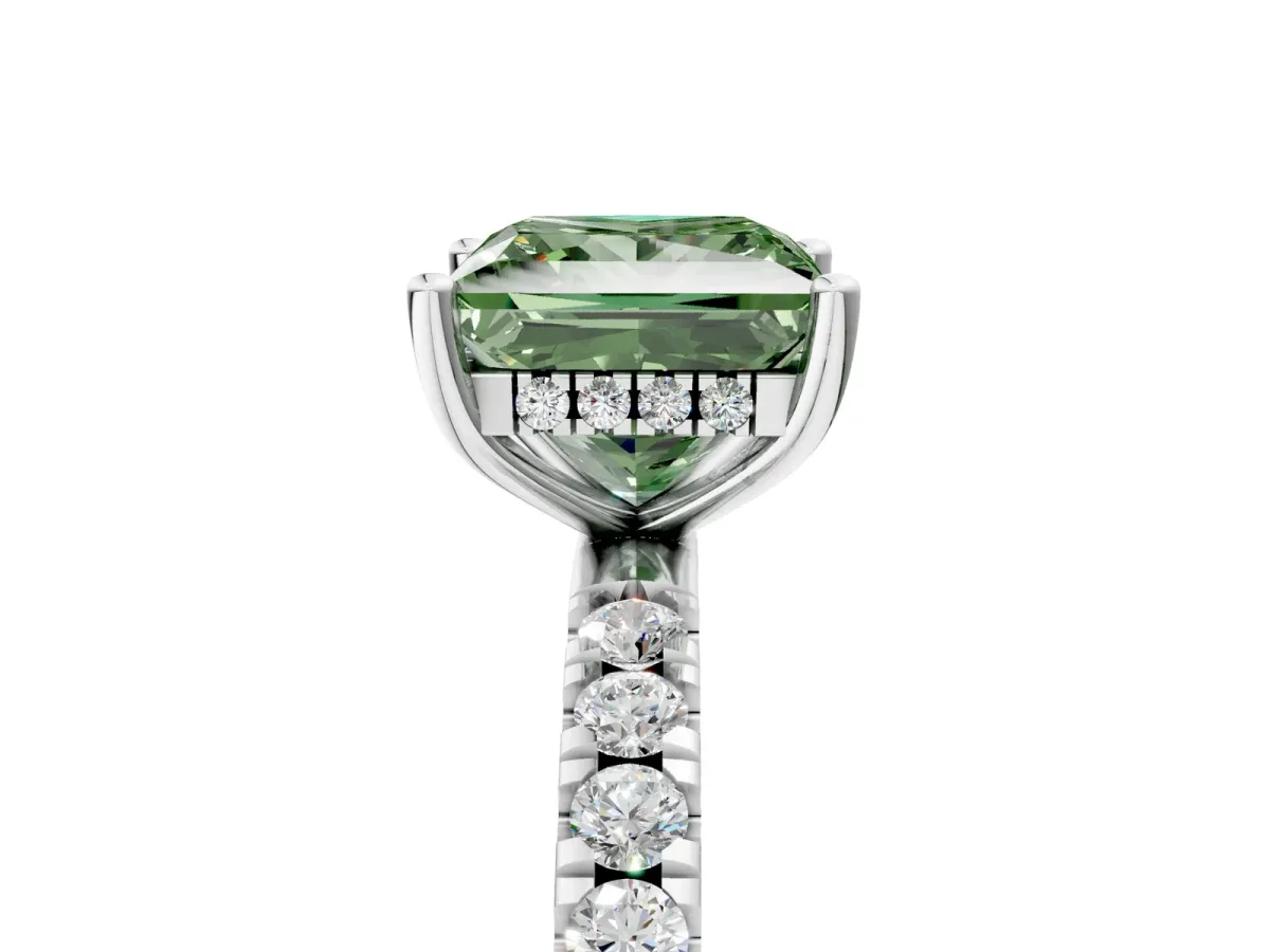 Fancy Green Princess Cut Diamond Pave Band Solitaire Ring with Round and Prong Setting Silver
