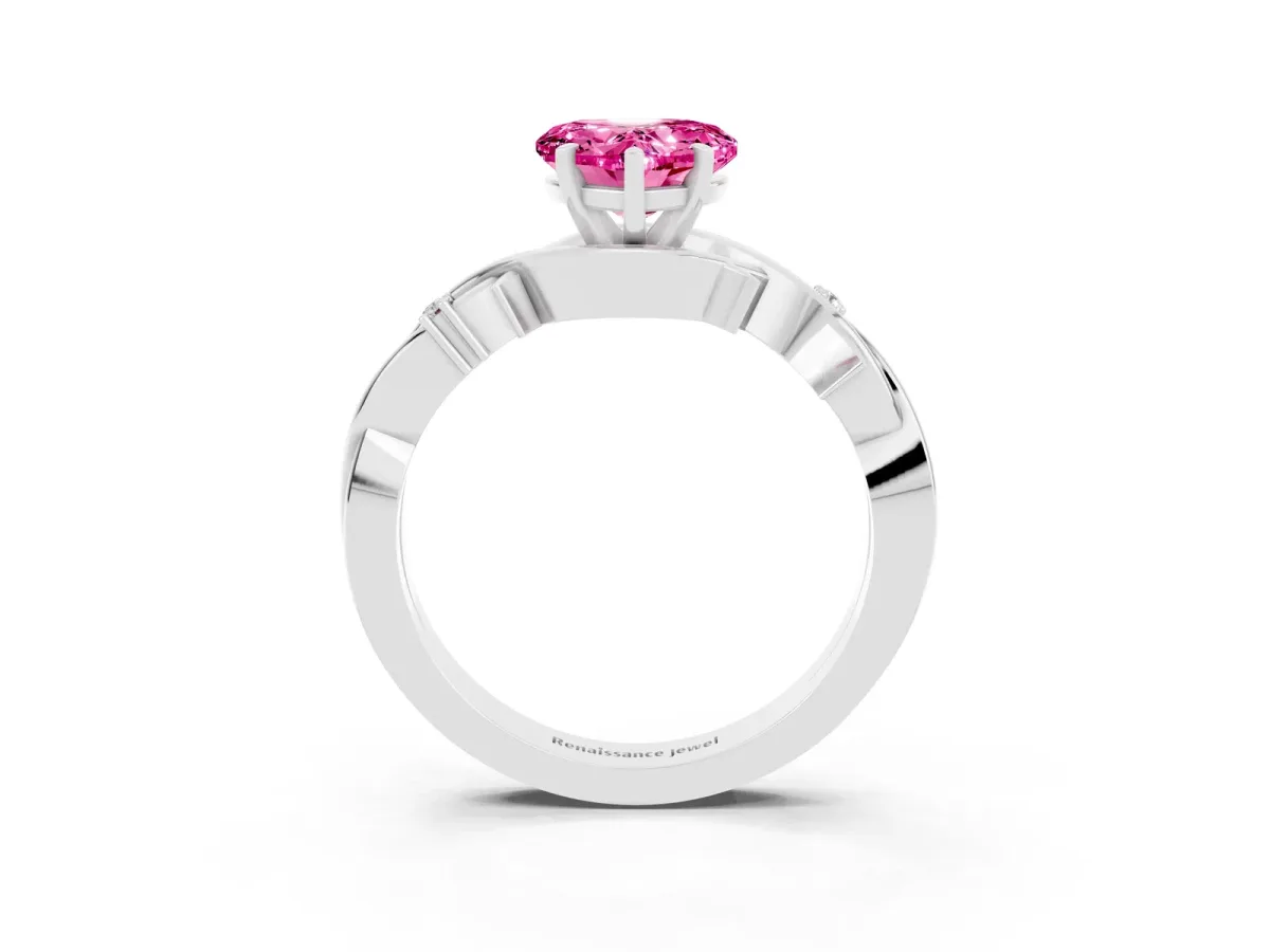 Heart Cut Pink Sapphire Solitaire Ring with Twisted Band and Prong Setting Silver