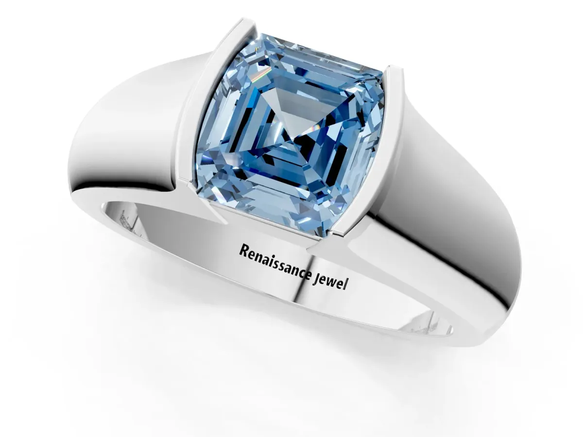 Fancy Blue Asscher Cut Solitaire Bezel Set Diamond Ring with Wide Band Platinum