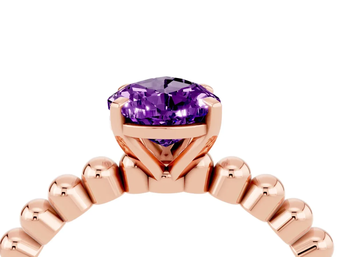 Pear Cut Amethyst Solitaire Ring with Beaded Band and Prong Setting Rose gold