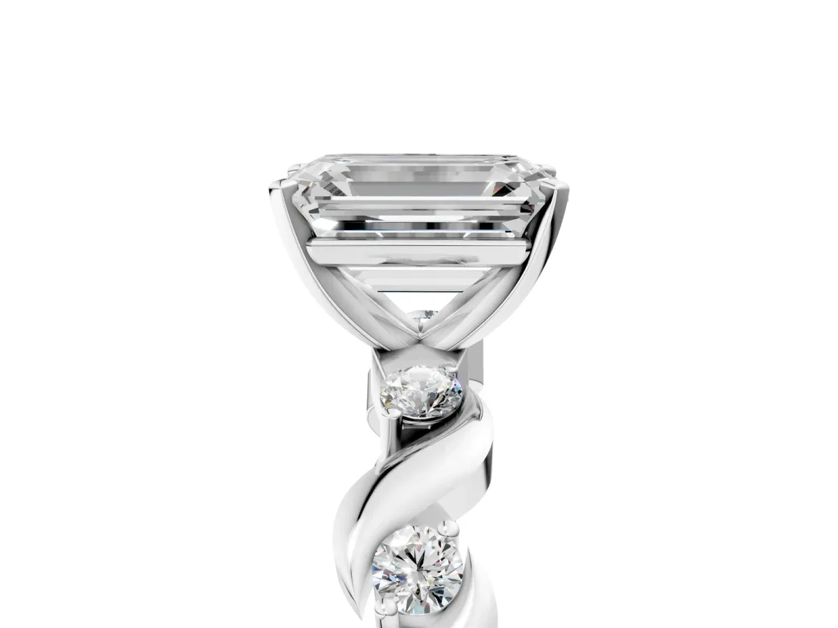 Emerald Cut Diamond Solitaire Twisted Band with Round Accents and Prong Setting Silver