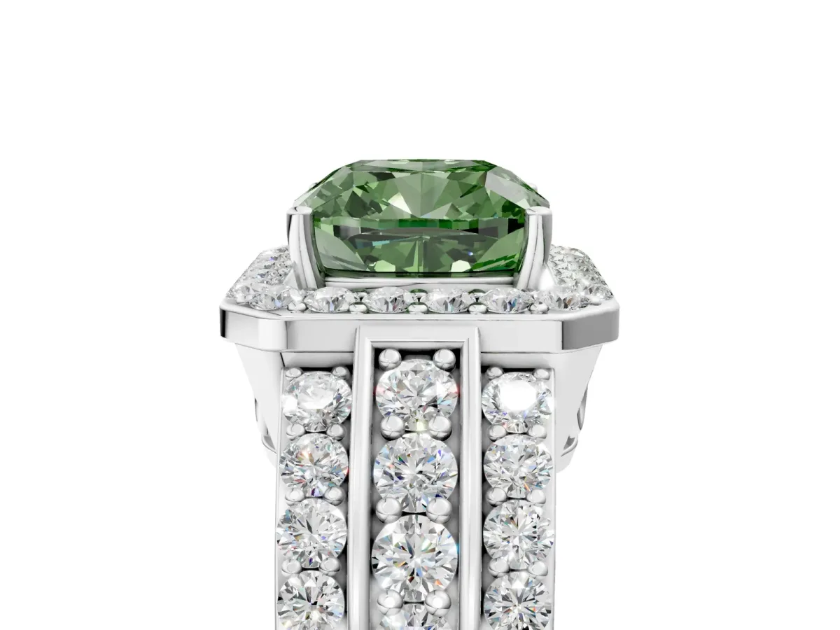 Fancy Green Cushion Cut Halo Diamond Ring with Round Split Shank and Prong Setting Silver