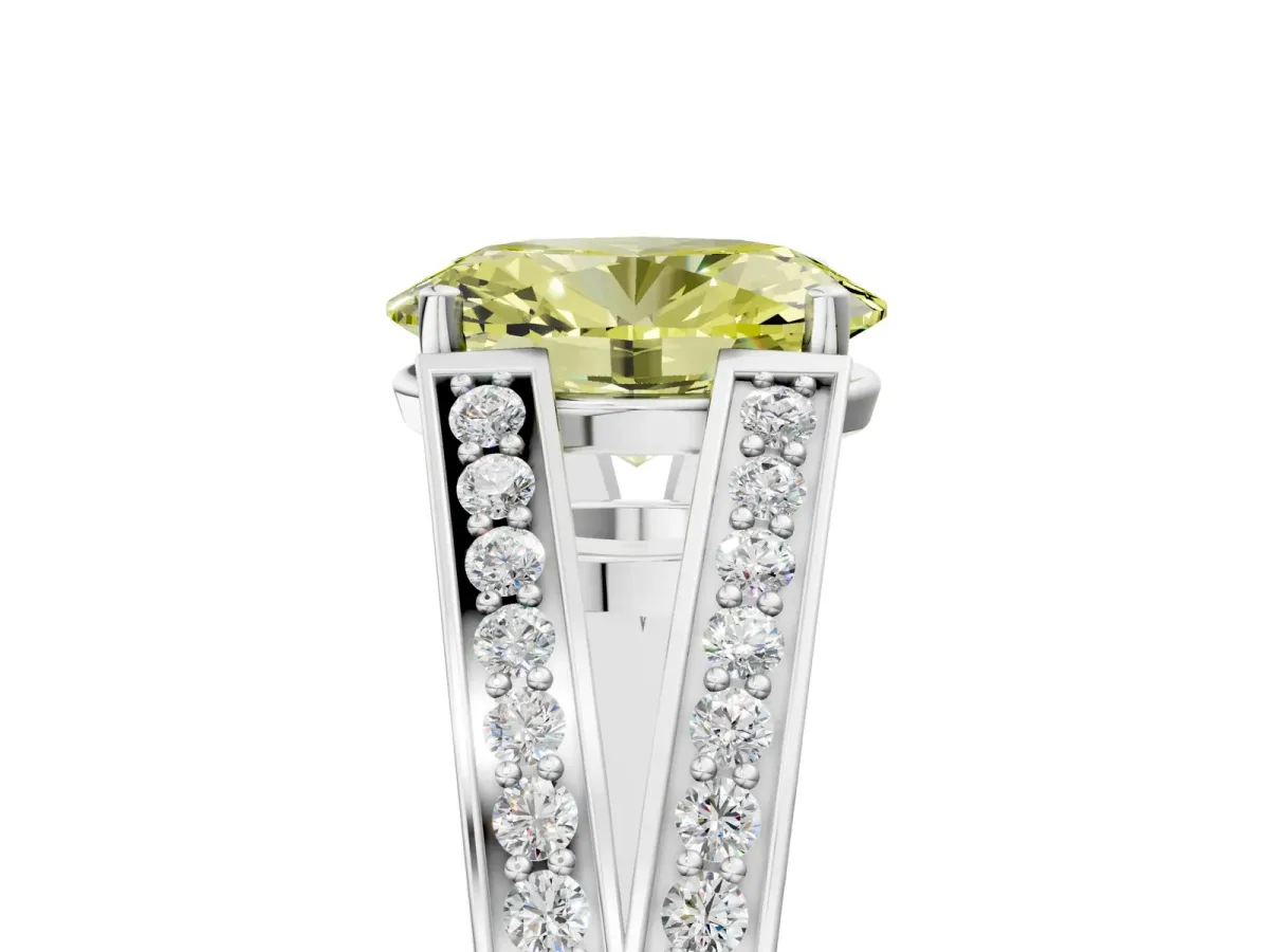 Fancy Yellow Oval Cut Diamond Split Shank Ring with Pavé Band and Four-Prong Setting White gold