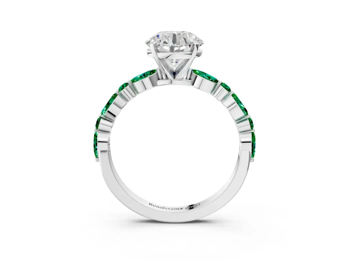 Round Cut Diamond Ring with Marquise and Round Emerald Side Stones and Four-Prong Setting Silver