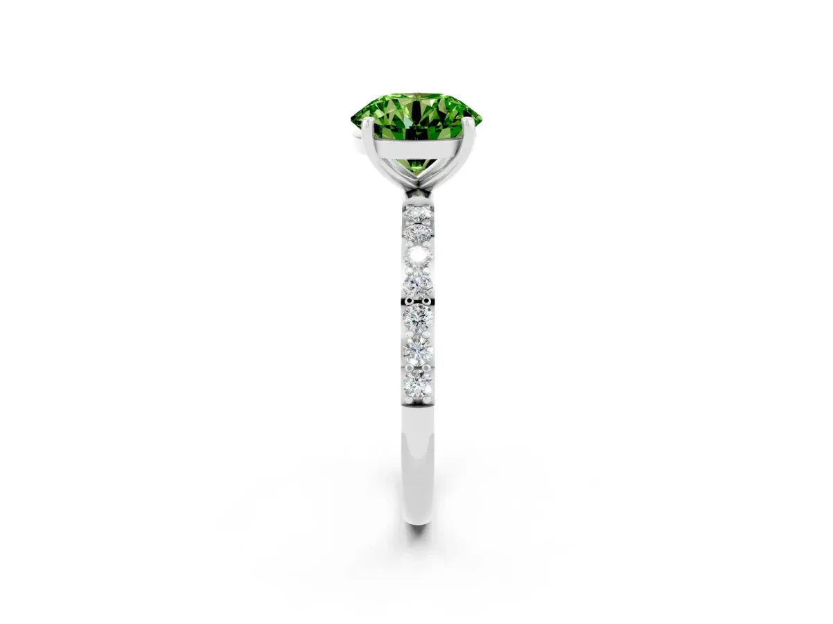 Round Cut Peridot Solitaire Ring with Round Pavé Band and Prong Setting Platinum