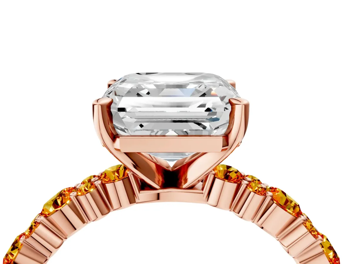 Asscher Cut Diamond Side Stone Solitaire Ring with Round Citrine and Four-Prong Setting Rose gold