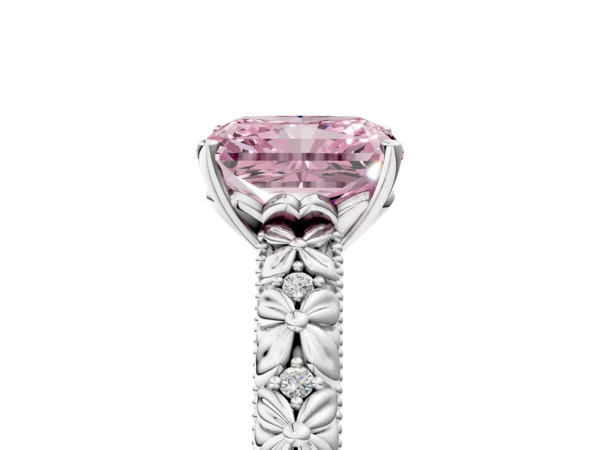 Fancy Pink Radiant Cut Solitaire Floral Milgrain Engagement Ring Platinum