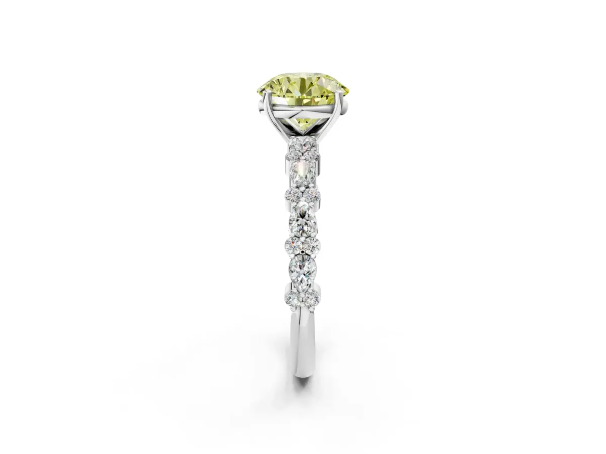 Fancy Yellow Round Cut Diamond Side Stone Solitaire Ring with Round and Four-Prong Setting Silver
