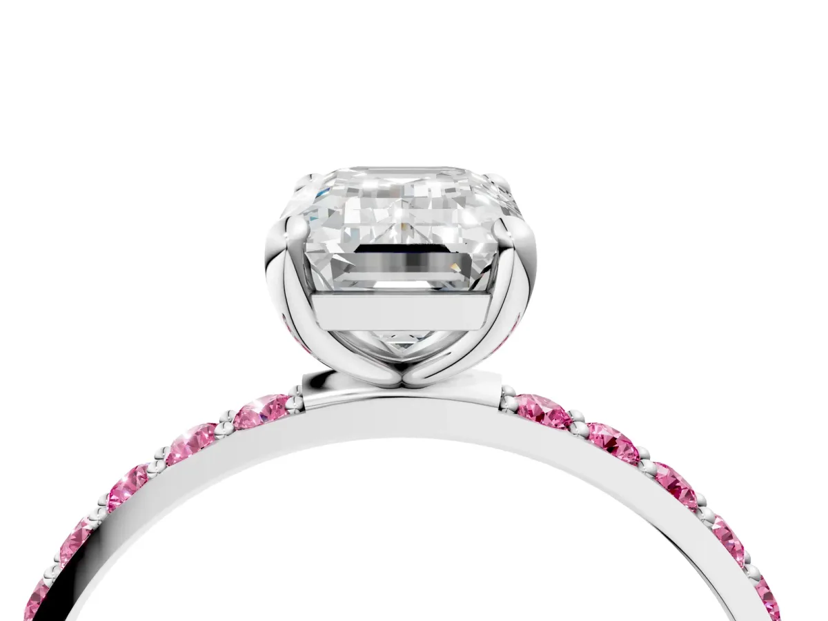 Emerald Cut Diamond Solitaire Ring with Round Pink Sapphire Pavé Band and Prong Setting Silver