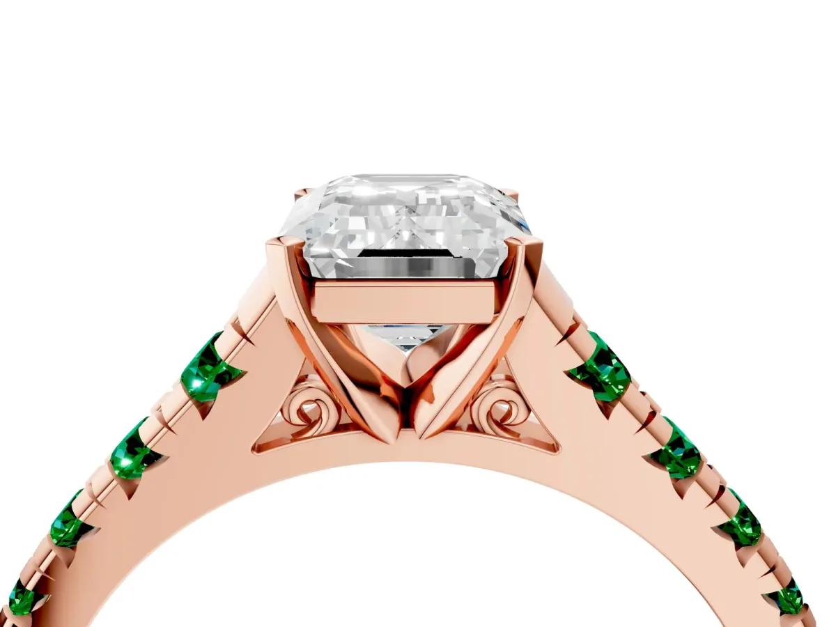 Emerald Cut Diamond Cathedral Solitaire Ring with Round Emerald Pavé Band Rose gold
